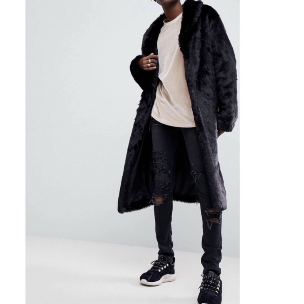 ASOS longliny black, faux fur coat for MEN.